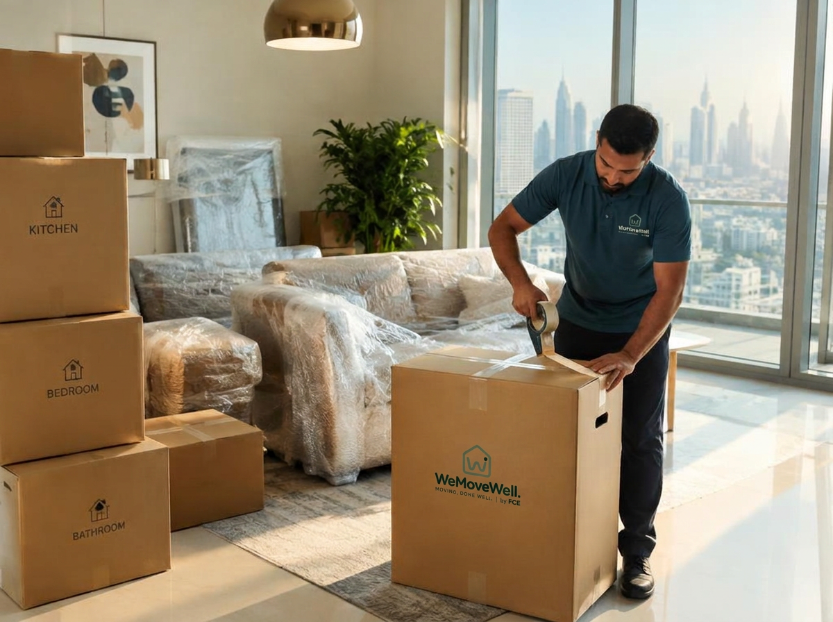 A WeMoveWell mover taping labeled boxes in a bright Dubai apartment
