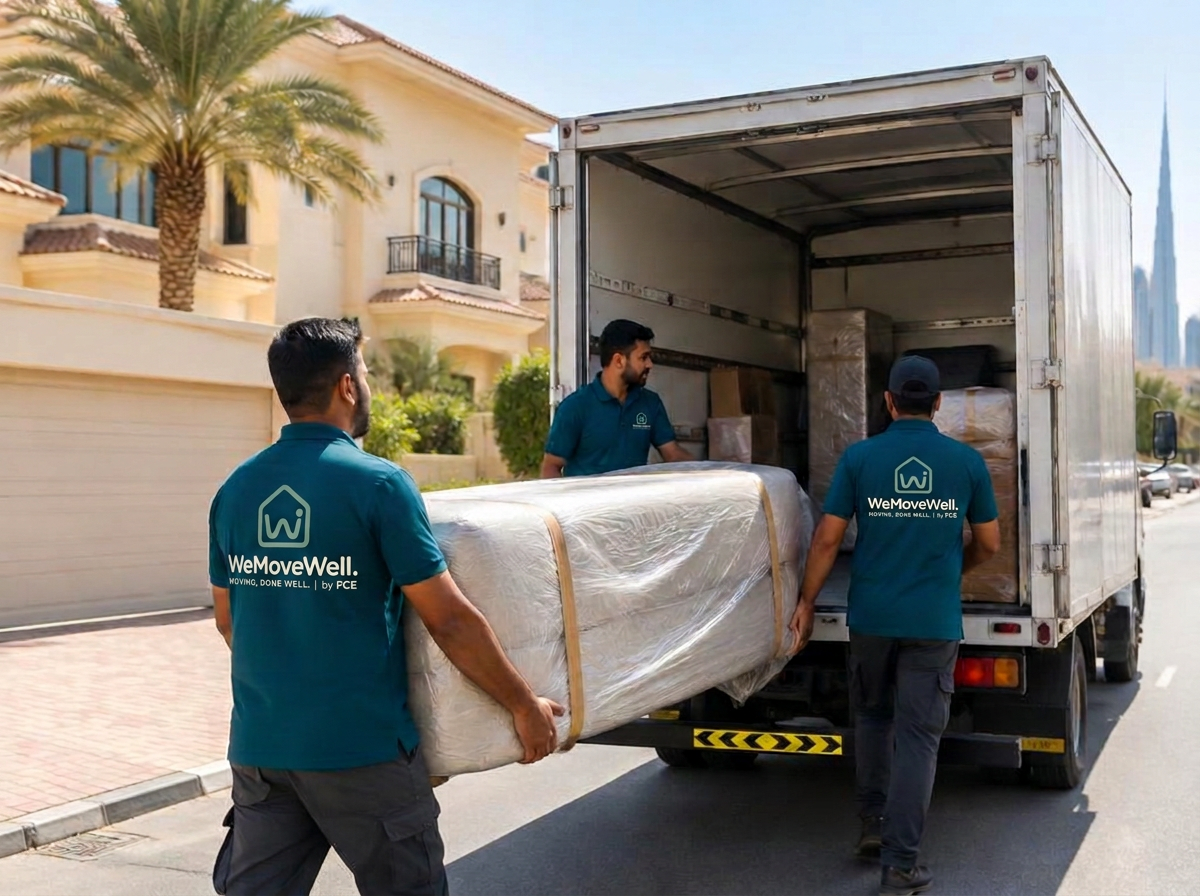 WeMoveWell crew loading a wrapped sofa into the truck outside a Dubai villa