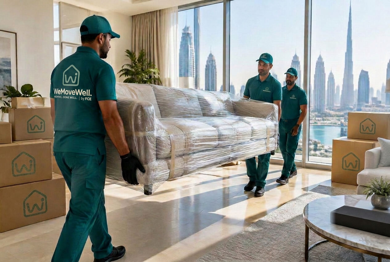 WeMoveWell crew moving a wrapped sofa in a Dubai apartment